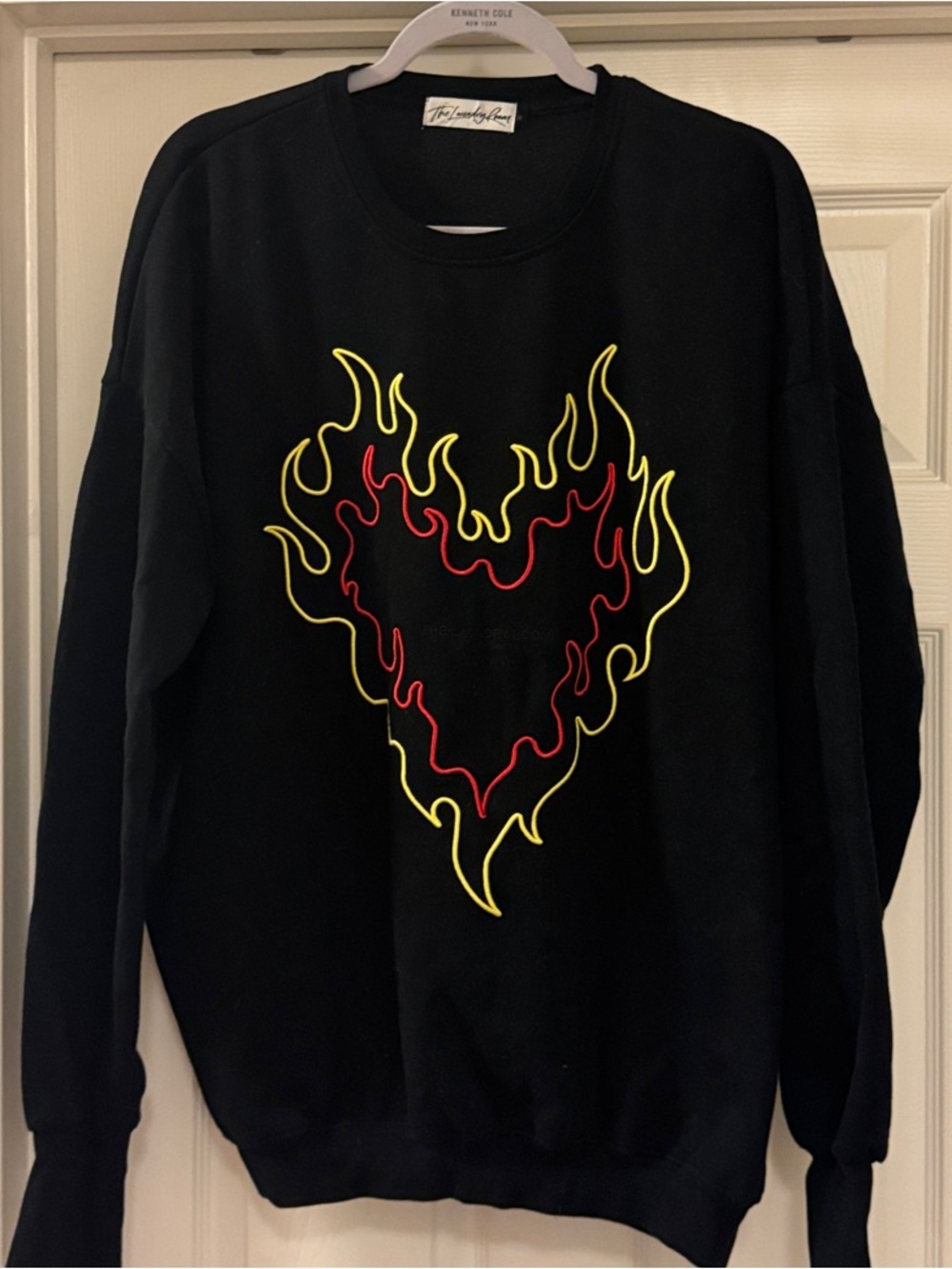 The Laundry Room Crewneck with Red and Yellow Flame Heart